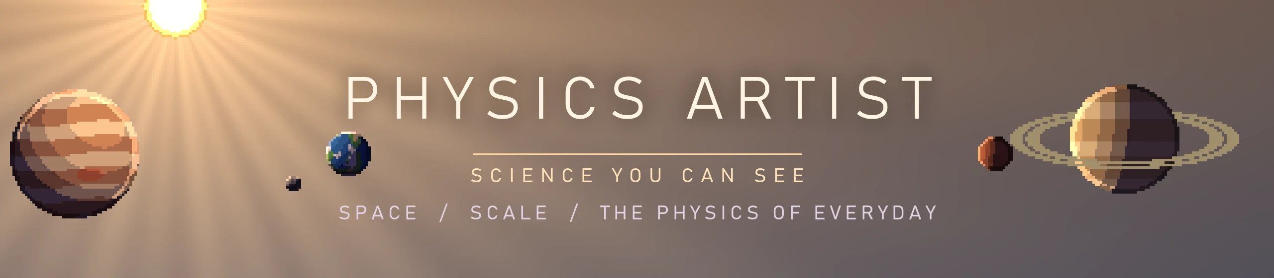 Physics Artist: a pixel-art sun, Jupiter, Earth, Mars and Saturn on a golden-hour sky
